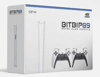 Qinux BitBip 89 retail box showing the console and two controllers