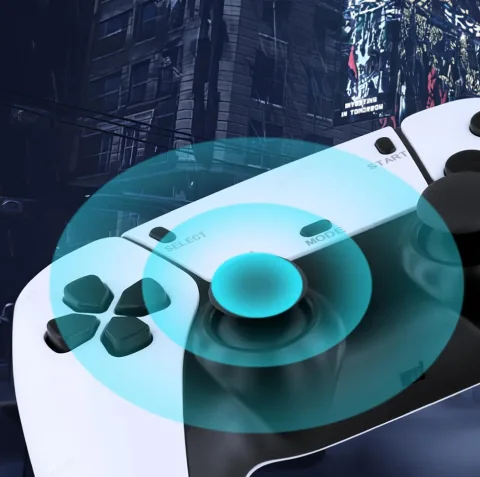 Close-up of the wireless controller's buttons and joystick