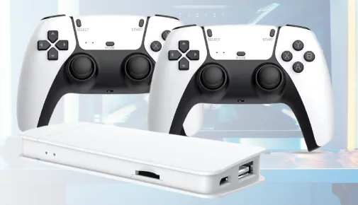 Qinux BitBip 89 HDMI game stick with two white wireless controllers