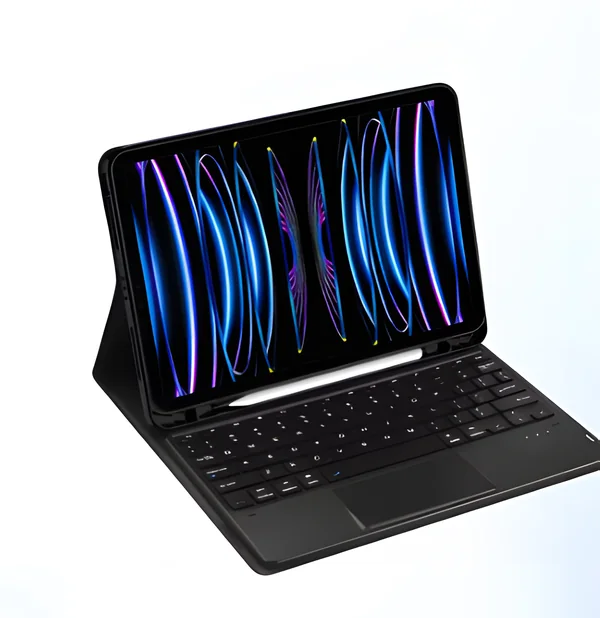 CoverPad case open with iPad standing and keyboard in front