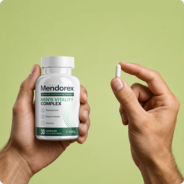 Flacon de Mendorex tenu en main, gélule blanche visible